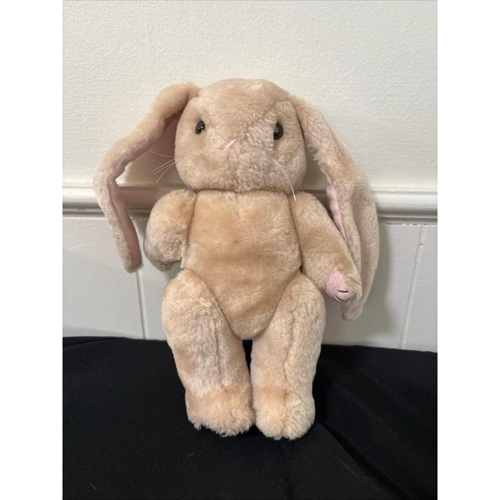 Vintage Jointed Tan Bunny Rabbit Plush 10" Pink Long Floppy Ears Easter